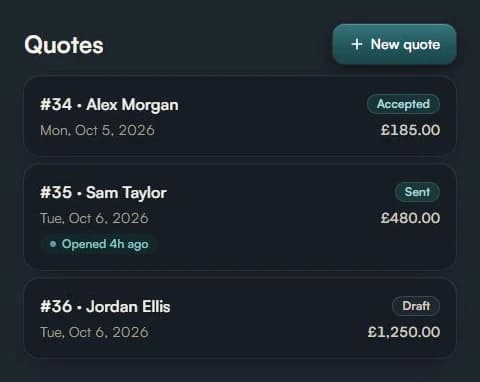 Actual SoloDesks quote management screen showing draft, sent and accepted quotes with demonstration data.