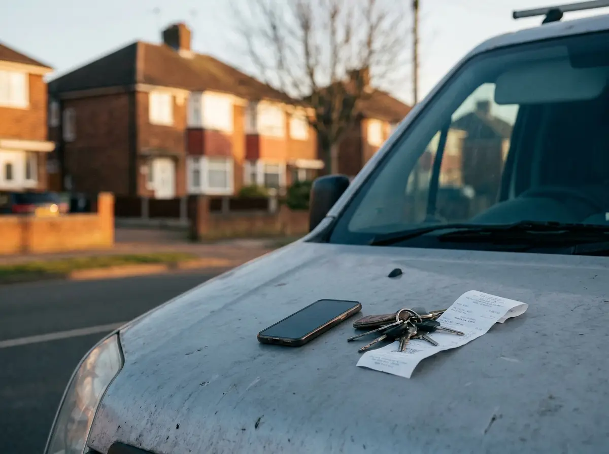 A phone, a set of van keys and a folded paper receipt resting on the bonnet of a work van in late afternoon sun