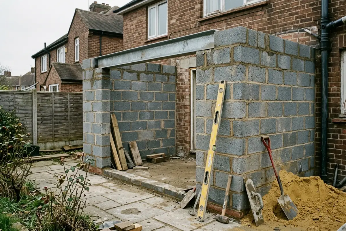 A single storey rear extension at blockwork stage on the back of a terraced house, with the steel lintel in, a spirit level leaning against the wall and a shovel in a heap of sand.
