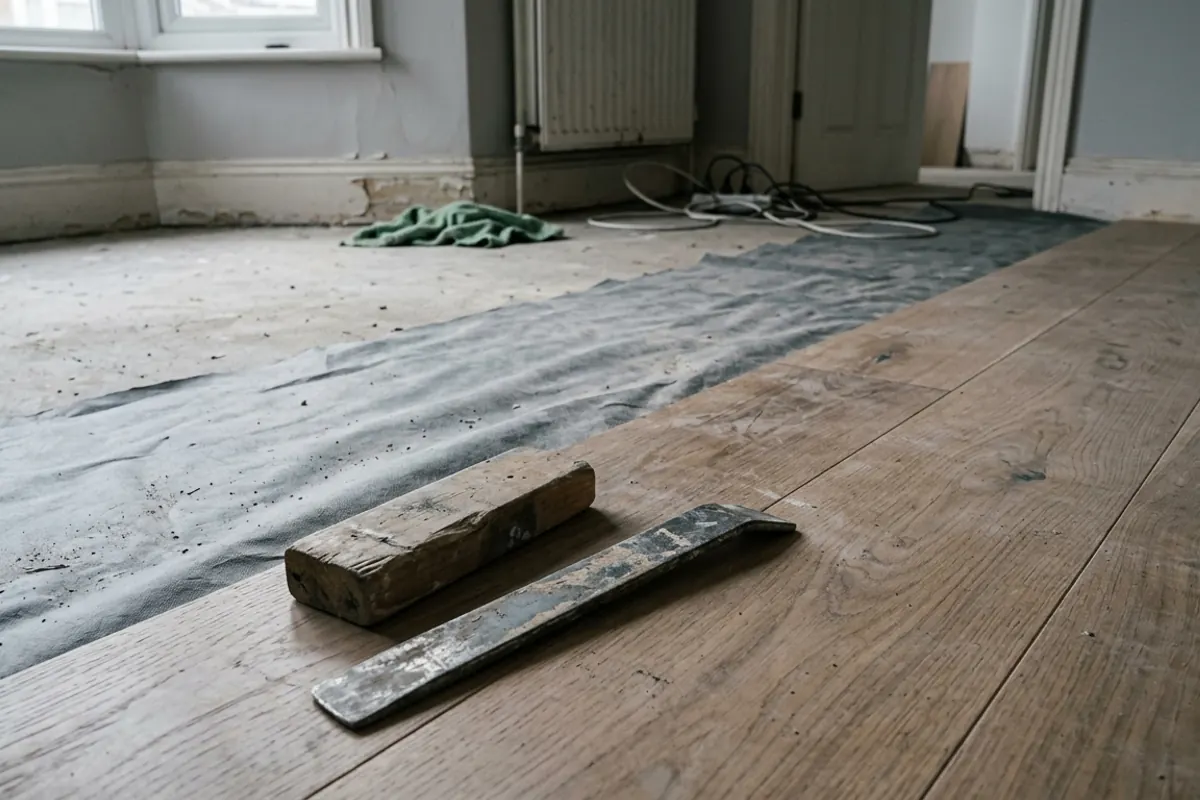 Engineered oak boards laid halfway across a bare room, with underlay still rolled out over the subfloor and a tapping block and flat bar left on the finished section.