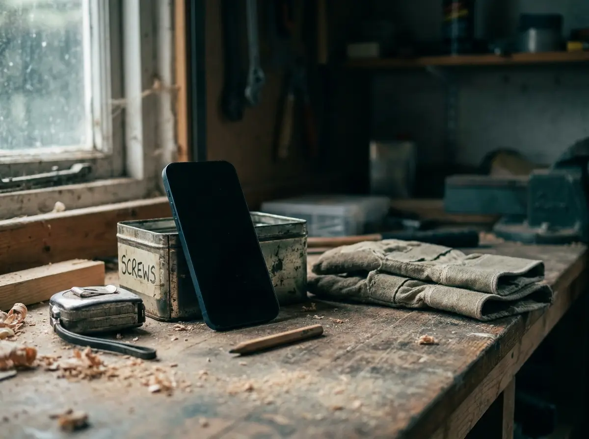 A phone propped against a tin of screws on a dusty workbench, beside a tape measure, a pencil and folded work gloves