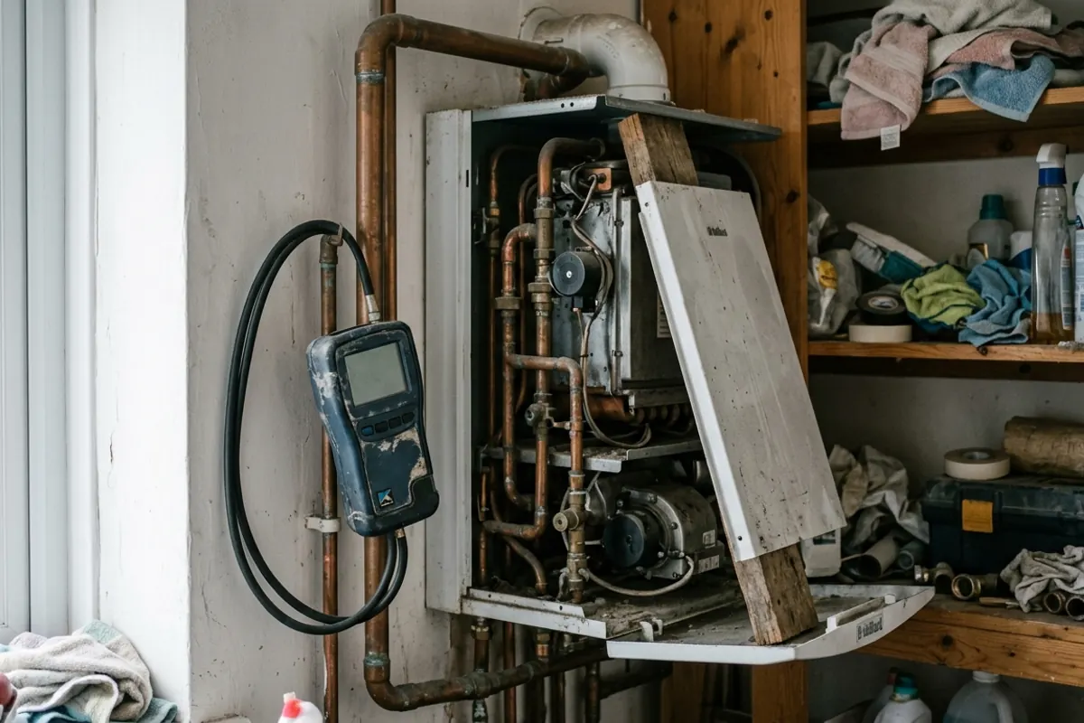 A combi boiler in a cupboard with its front cover off and propped to one side, the copper pipework and pump exposed and a flue gas analyser hanging on the wall beside it.