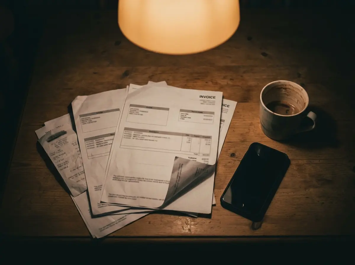 Unpaid invoices spread across a kitchen table under a single overhead light, next to a cold mug of tea and a phone