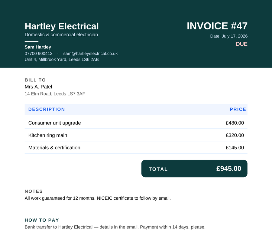 A real invoice PDF made in SoloDesks: teal letterhead for Hartley Electrical, three itemised lines and a £945 total