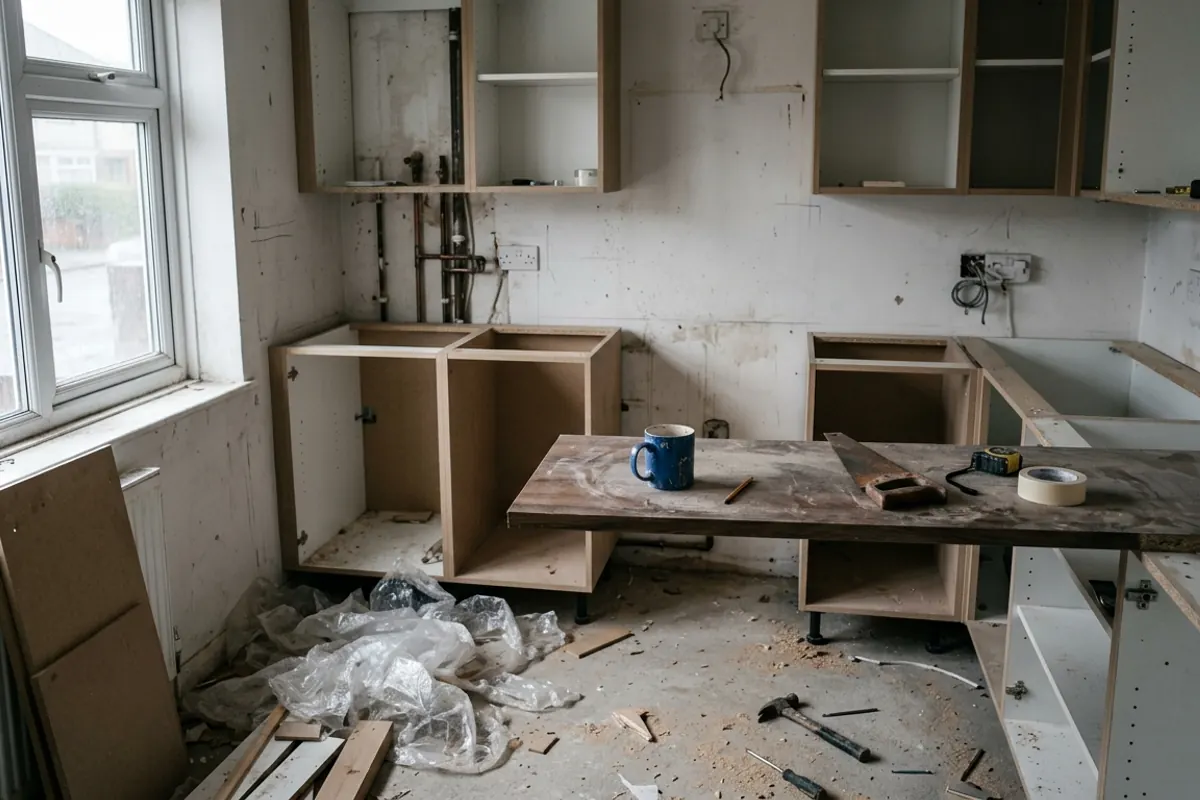 A kitchen part way through a fit, with base carcasses in position, wall units up, a length of worktop resting across them and packaging still on the floor.
