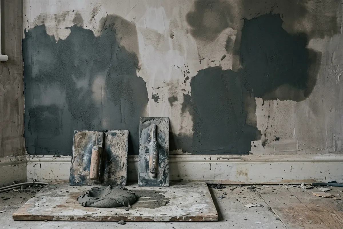 A freshly skimmed wall drying in patches from grey to pale, with two plastering trowels stood against the skirting and a board of leftover mix on the bare floorboards.