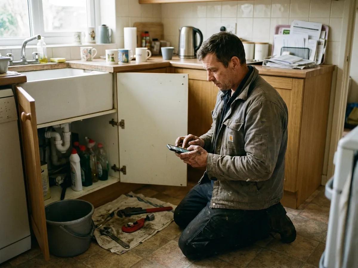 A self-employed plumber kneeling by an open under-sink cabinet, quoting a job on his phone with his tools laid out on the kitchen floor.