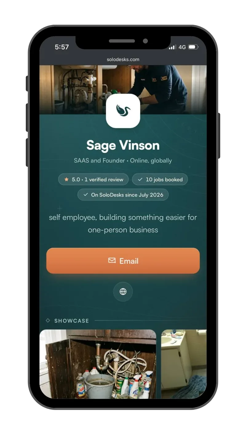 A SoloDesks public profile on a phone: name, a five-star verified review, ten jobs booked, an email button and photos of finished work