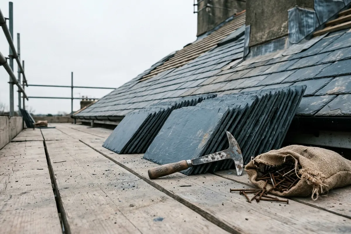 Slates stacked on a scaffold board against a half stripped roof, with a slate hammer and a hessian sack of nails beside them and the battens exposed above.