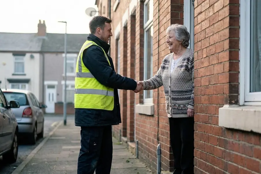 A tradesperson in a hi-vis vest shaking hands with a homeowner on her doorstep