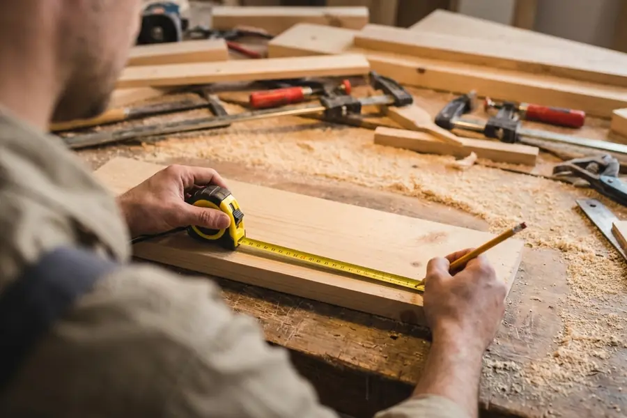 A carpenter measuring a timber board with a tape measure on a workbench