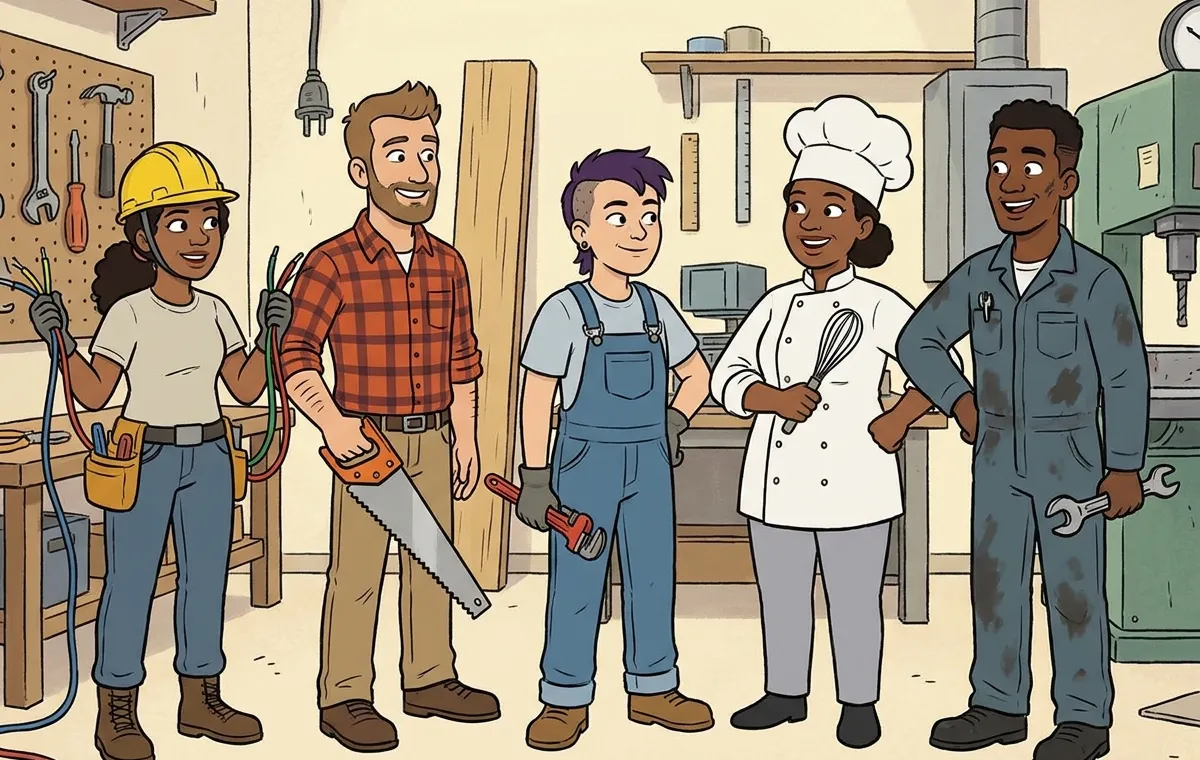 Illustration of a group of tradespeople standing in a workshop with their tools