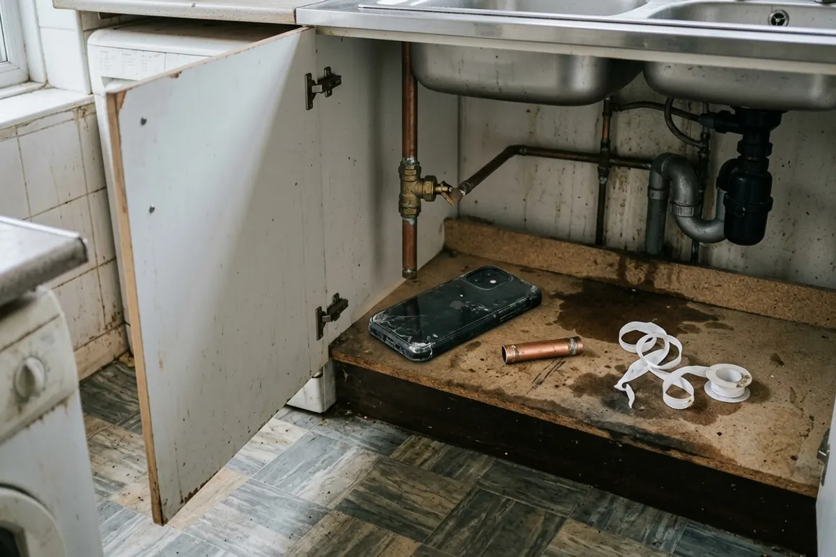 An open under sink cabinet in a kitchen with the trap and copper pipework exposed, and a phone and a roll of PTFE tape resting on the cabinet base